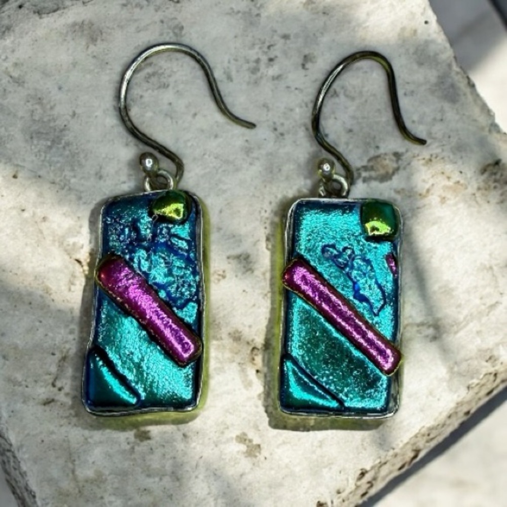 Vintage 80’s Handmade Artisan Dichroic Glass & 925 Silver Earrings